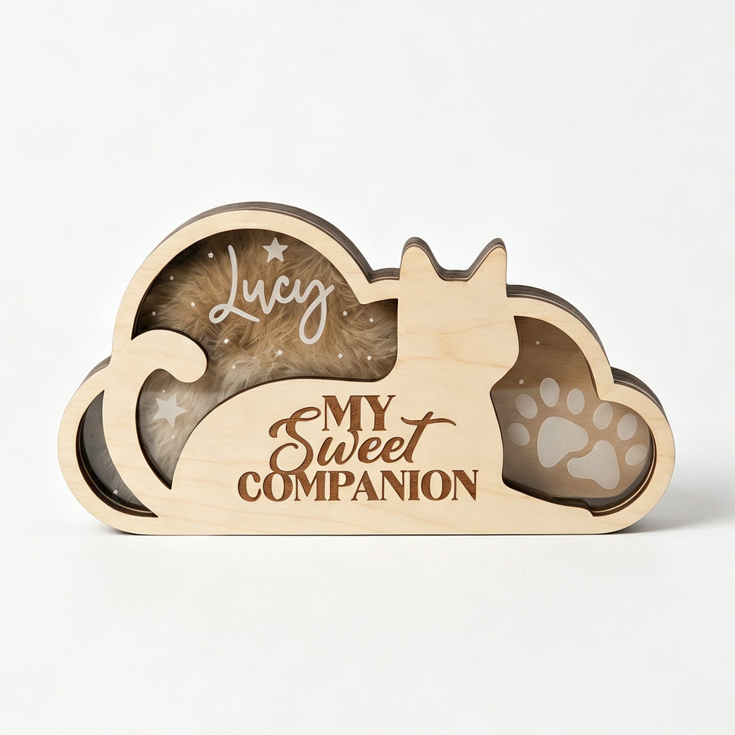 Wooden pet keepsake figurines, cat paw prints and fur keepsakes, pet mementos and home decor.