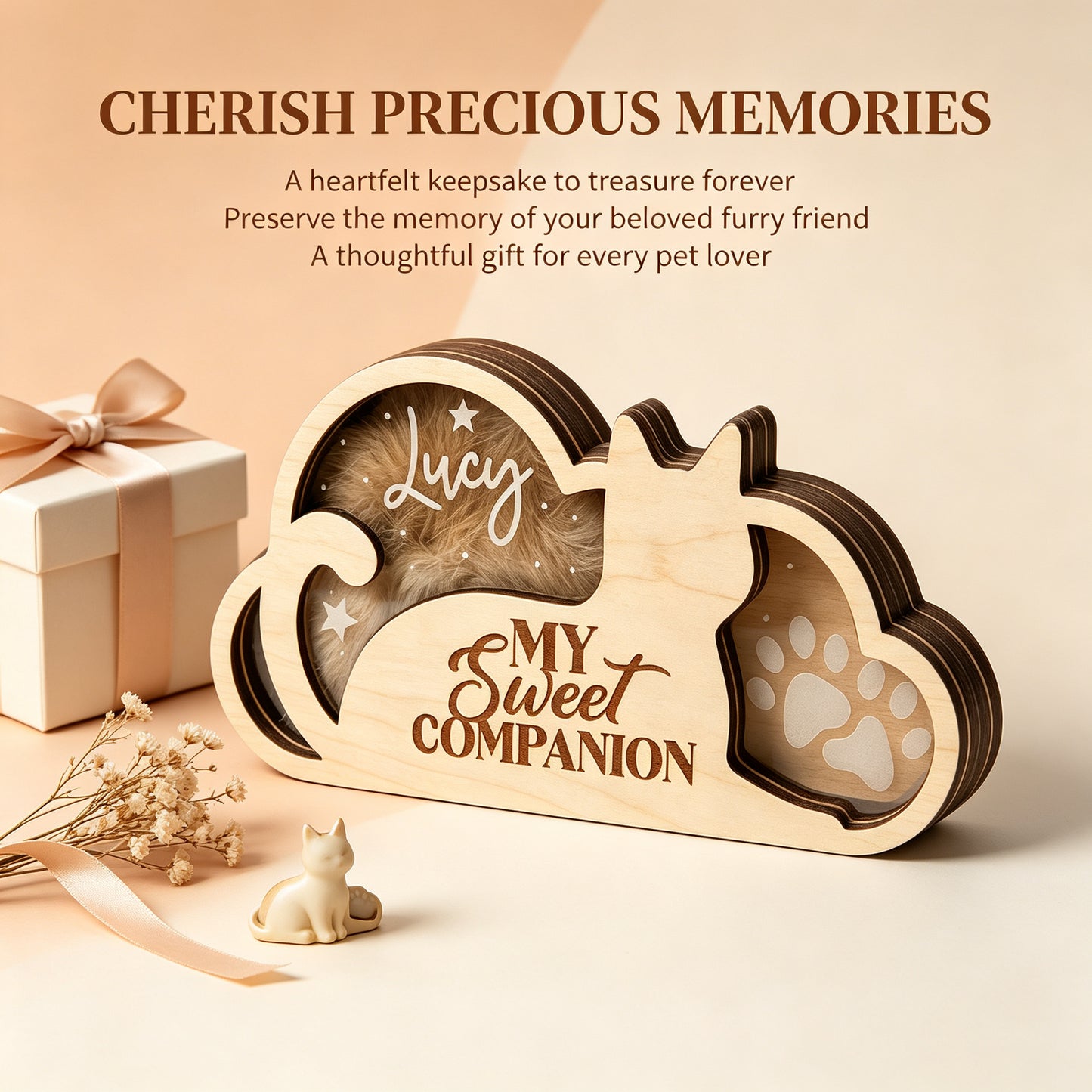 Wooden pet keepsake figurines, cat paw prints and fur keepsakes, pet mementos and home decor.
