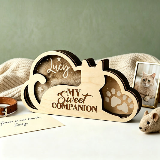Wooden pet keepsake figurines, cat paw prints and fur keepsakes, pet mementos and home decor.